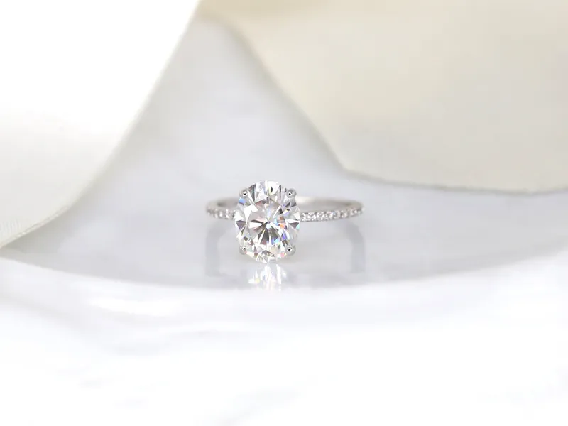 3ct Darcy 10x8mm 14kt Gold NEO Moissanite Diamond Dainty Pave Oval Solitaire Ring vy 5