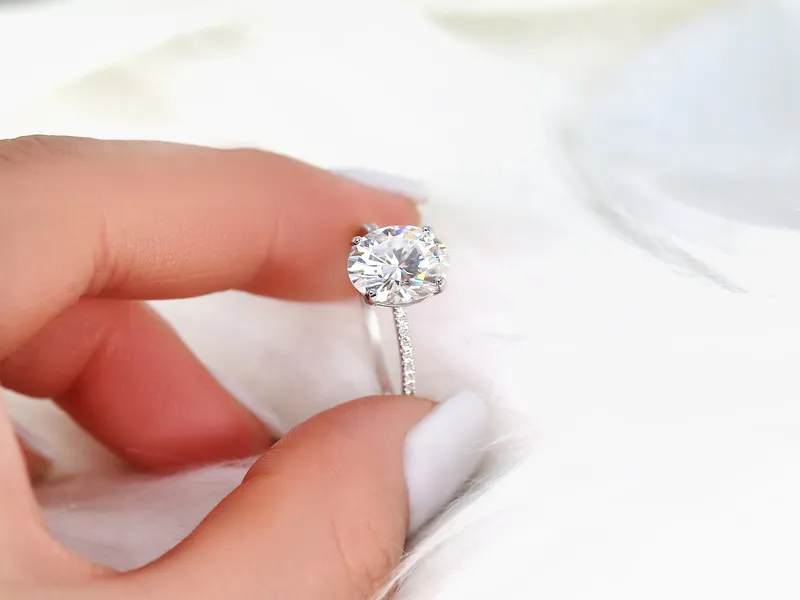 3ct Darcy 10x8mm 14kt Gold NEO Moissanite Diamond Dainty Pave Oval Solitaire Ring vy 3