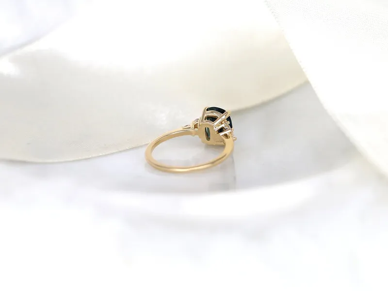 2.68ct Ready to Ship Petite Tinsley 14kt Gold Peacock Teal Sapphire Diamond 3 Stone Cushion Engagement Ring view 8