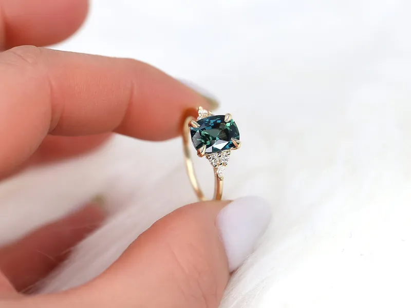 2.68ct Ready to Ship Petite Tinsley 14kt Gold Peacock Teal Sapphire Diamond 3 Stone Cushion Engagement Ring view 2