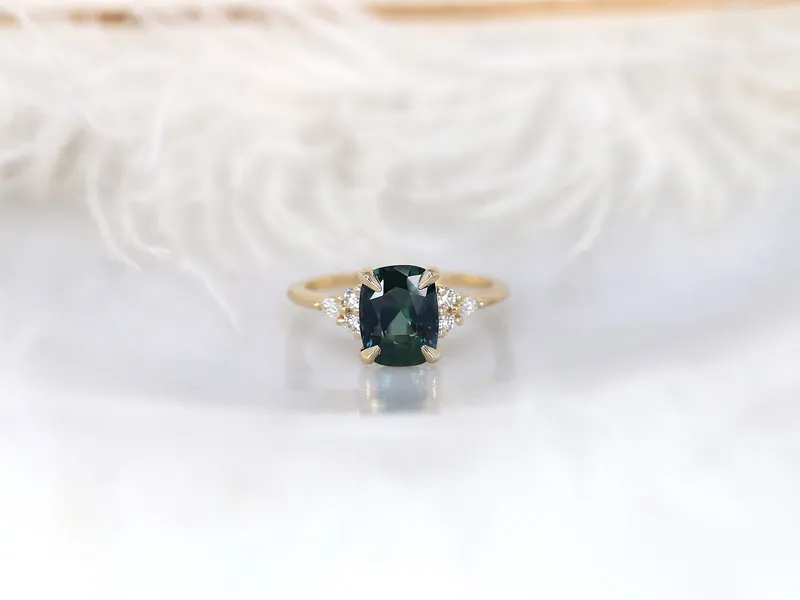 2.68ct Ready to Ship Petite Tinsley 14kt Gold Peacock Teal Sapphire Diamond 3 Stone Cushion Engagement Ring view 6