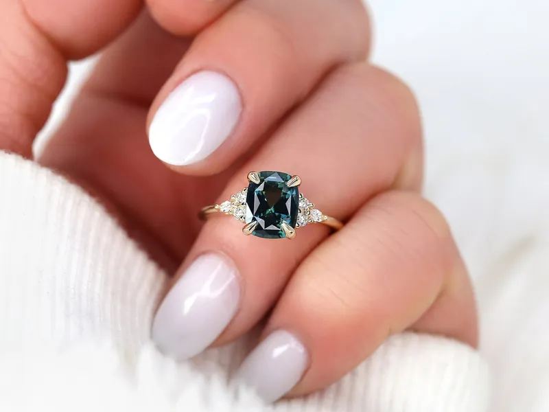 2.68ct Ready to Ship Petite Tinsley 14kt Gold Peacock Teal Sapphire Diamond 3 Stone Cushion Engagement Ring view 3