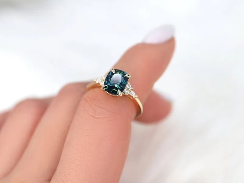 2.68ct Ready to Ship Petite Tinsley 14kt Gold Peacock Teal Sapphire Diamond 3 Stone Cushion Engagement Ring view 5