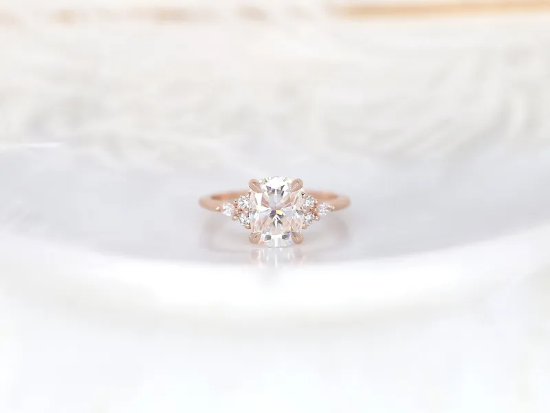 2.30ct Petite Tinsley 9x7mm 14kt Gold Moissanite Diamond Cushion Cluster Ring vy 8