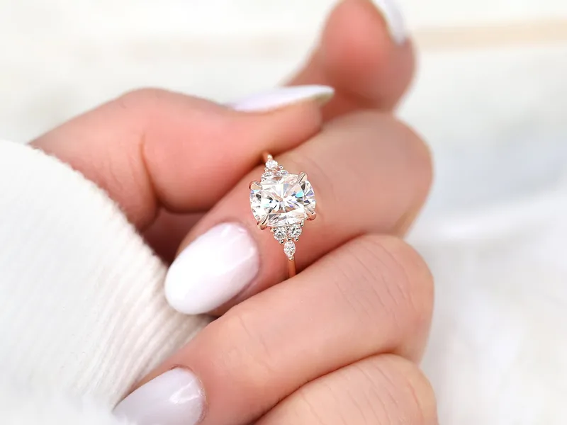 2.30ct Petite Tinsley 9x7mm 14kt Gold Moissanite Diamond Cushion Cluster Ring vy 2