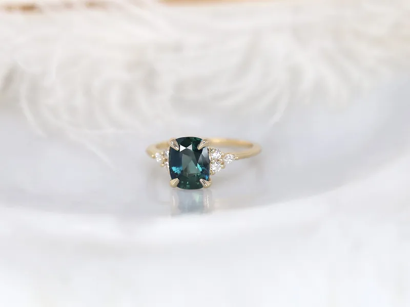 2.68ct Ready to Ship Petite Tinsley 14kt Gold Peacock Teal Sapphire Diamond 3 Stone Cushion Engagement Ring view 7