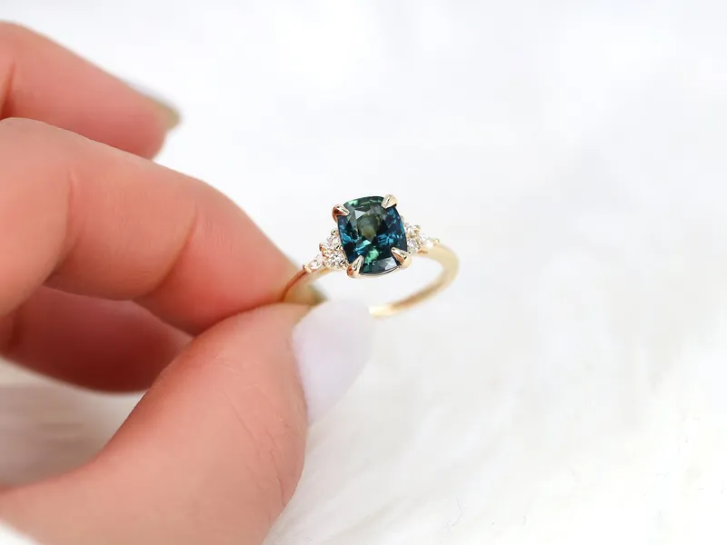 2.68ct Ready to Ship Petite Tinsley 14kt Gold Peacock Teal Sapphire Diamond 3 Stone Cushion Engagement Ring view 4