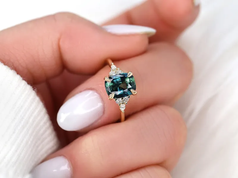 2.68ct Ready to Ship Petite Tinsley 14kt Gold Peacock Teal Sapphire Diamond 3 Stone Cushion Engagement Ring sapphire cushion cut engagement ring