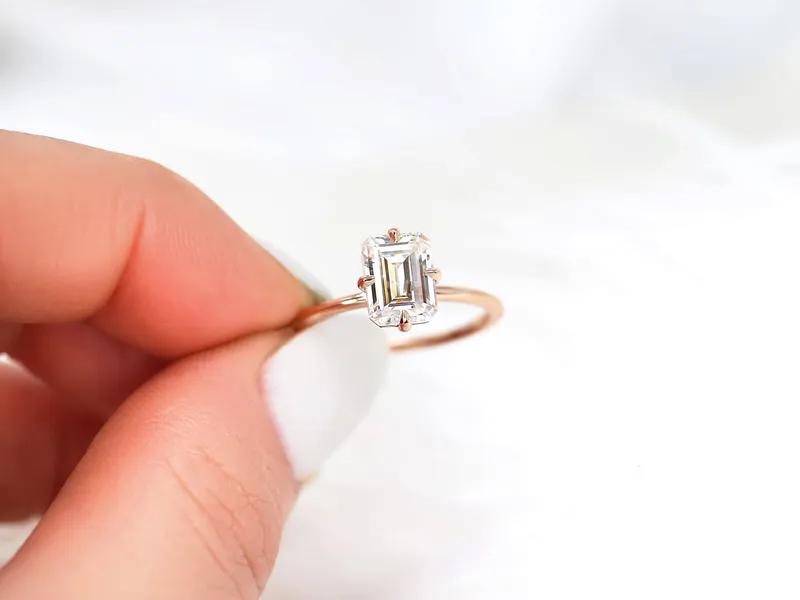 1.75cts Ruth 8x6mm 14kt Rose Gold Moissanite Emerald Cut Solitaire Ring view 4