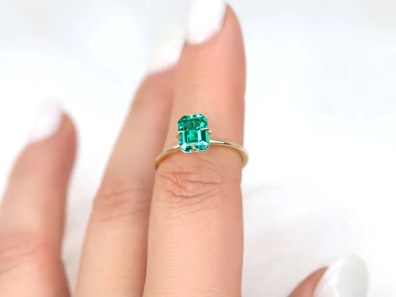 Ruth 8x6mm 14kt Gold Green Emerald Talon Prong Emerald Cut Solitaire Ring view 4