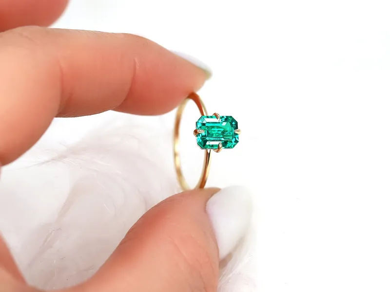 Ruth 8x6mm 14kt Gold Green Emerald Talon Prong Emerald Cut Solitaire Ring view 5
