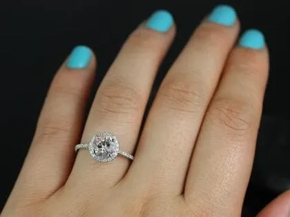 Ready to Ship 14kt White Gold Kubian 7mm Round Morganite Diamonds Micro Pave Petite Halo Engagement Ring, Rosados Box vy 3