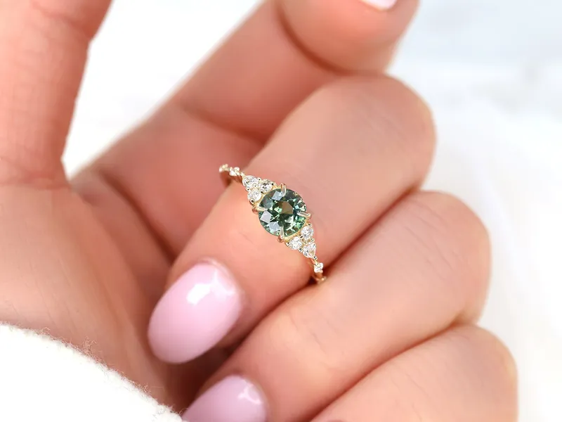 1.46ct Ready to Ship Anastasia 14kt Gold Green Tea Teal Sapphire Diamond Round Cluster Ring vy 3