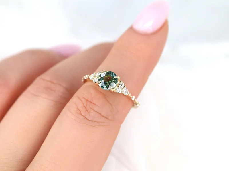 1.46ct Ready to Ship Anastasia 14kt Gold Green Tea Teal Sapphire Diamond Round Cluster Ring vy 2