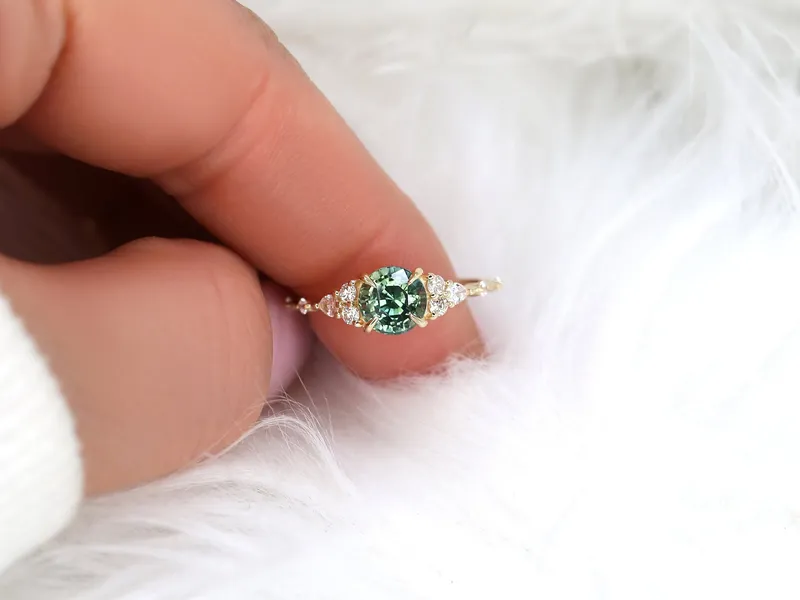 1.46ct Ready to Ship Anastasia 14kt Gold Green Tea Teal Sapphire Diamond Round Cluster Ring green sapphire round cut engagement ring