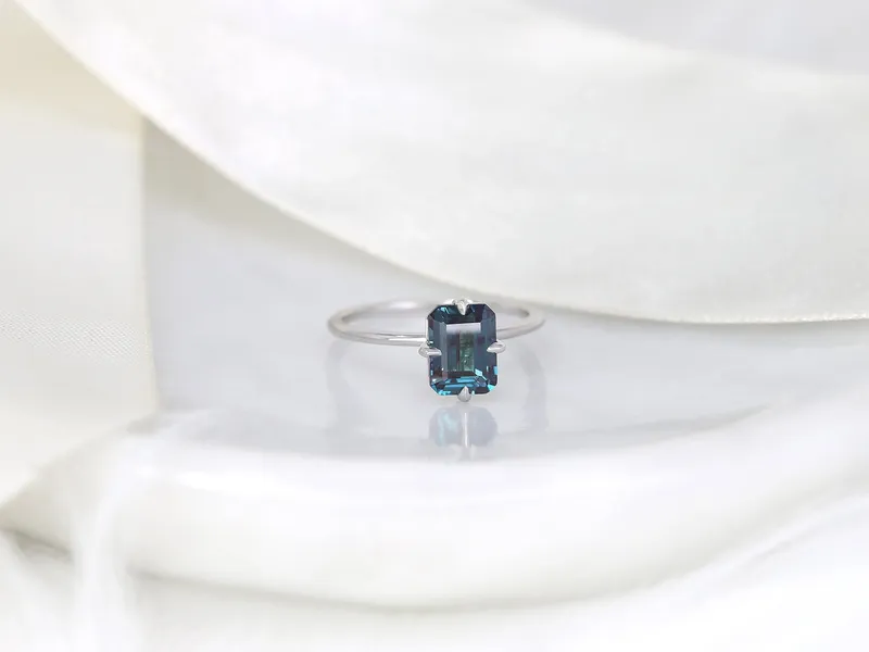 Ruth 8x6mm 14kt Gold Alexandrite Talon Prong Emerald Cut Solitaire Ring view 6