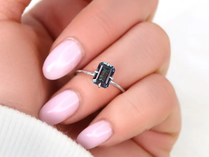 Ruth 8x6mm 14kt Gold Alexandrite Talon Prong Emerald Cut Solitaire Ring blue emerald emerald cut engagement ring