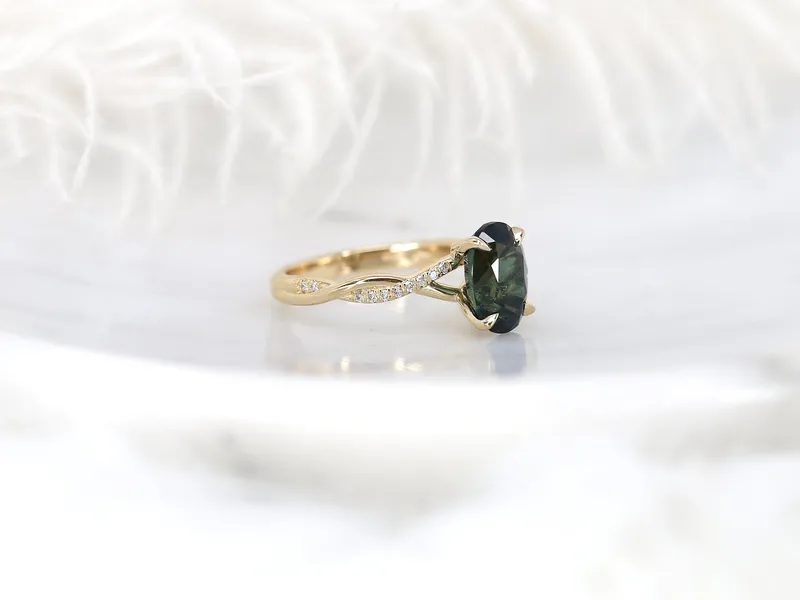 3.24ct Petite Tilly 14kt Gold Moss Teal Sapphire Criss Cross Oval Engagement Ring view 7