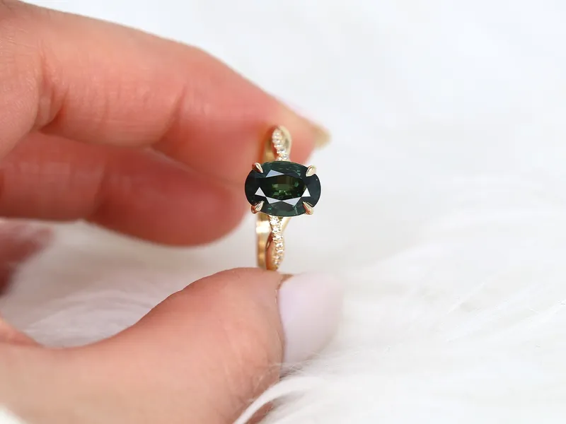 3.24ct Petite Tilly 14kt Gold Moss Teal Sapphire Criss Cross Oval Engagement Ring view 3