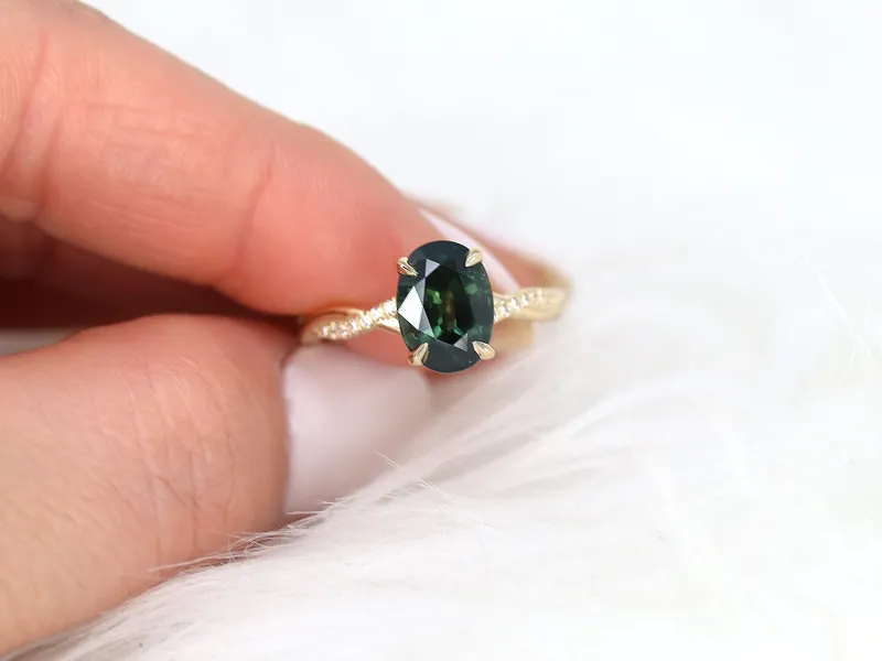 3.24ct Petite Tilly 14kt Gold Moss Teal Sapphire Criss Cross Oval Engagement Ring sapphire oval cut engagement ring
