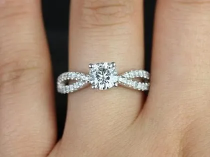 Ready to Ship Karina 6mm 14kt YELLOW Gold Forever One Moissanite Diamonds Crossover Pave Twist Round Engagement Ring view 3