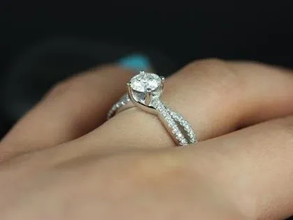 Ready to Ship Karina 6mm 14kt YELLOW Gold Forever One Moissanite Diamonds Crossover Pave Twist Round Engagement Ring round cut engagement ring