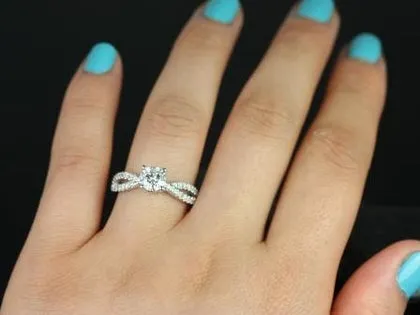 Ready to Ship Karina 6mm 14kt YELLOW Gold Forever One Moissanite Diamonds Crossover Pave Twist Round Engagement Ring view 4