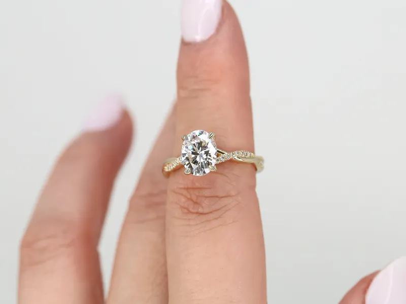2ct Petite Tilly 9x7mm 14kt Gold Moissanite Diamond Twisted Crossover Oval Engagement Ring vy 4