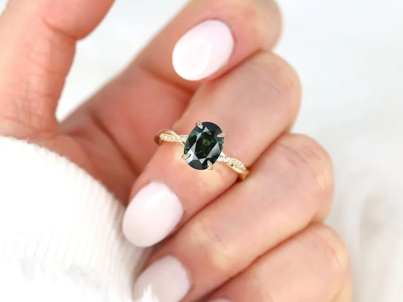 3.24ct Petite Tilly 14kt Gold Moss Teal Sapphire Criss Cross Oval Engagement Ring view 2