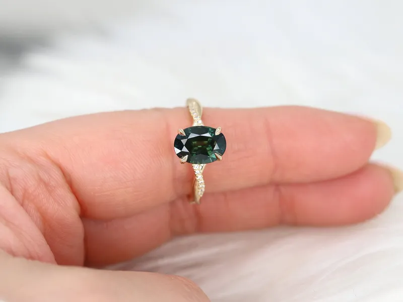 3.24ct Petite Tilly 14kt Gold Moss Teal Sapphire Criss Cross Oval Engagement Ring view 5