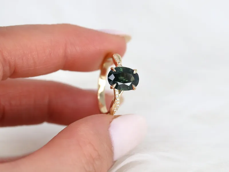 3.24ct Petite Tilly 14kt Gold Moss Teal Sapphire Criss Cross Oval Engagement Ring view 4