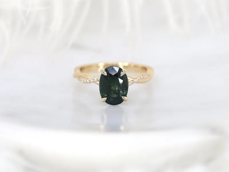 3.24ct Petite Tilly 14kt Gold Moss Teal Sapphire Criss Cross Oval Engagement Ring view 6
