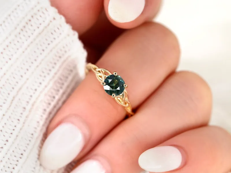 1.42ct Petite Cassidy 14kt Teal Sapphire Celtic Knot Round Solitaire Ring view 3