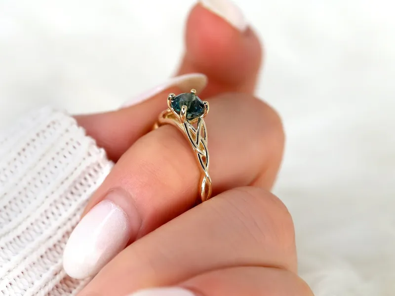 1.42ct Petite Cassidy 14kt Teal Sapphire Celtic Knot Round Solitaire Ring blue sapphire round cut engagement ring