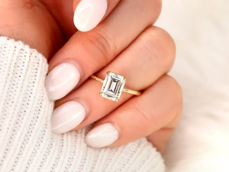 2.60ct LOW Tiana 9x7mm 14kt Gold Moissanite Diamond Emerald Cut Hidden Halo Ring view 2