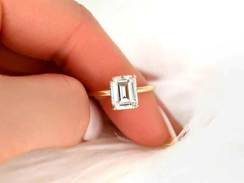 2.60ct LOW Tiana 9x7mm 14kt Gold Moissanite Diamond Emerald Cut Hidden Halo Ring view 4