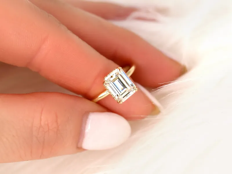 2.60ct LOW Tiana 9x7mm 14kt Gold Moissanite Diamond Emerald Cut Hidden Halo Ring view 5