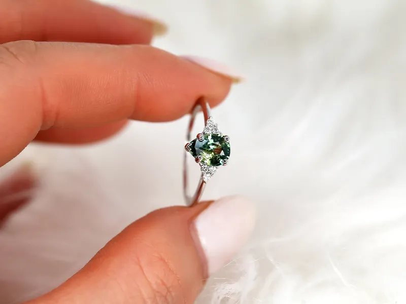 1.19ct Ready to Ship Juliet 14kt White Gold Teal Sapphire Diamond Art Deco Pear Cluster Ring view 2