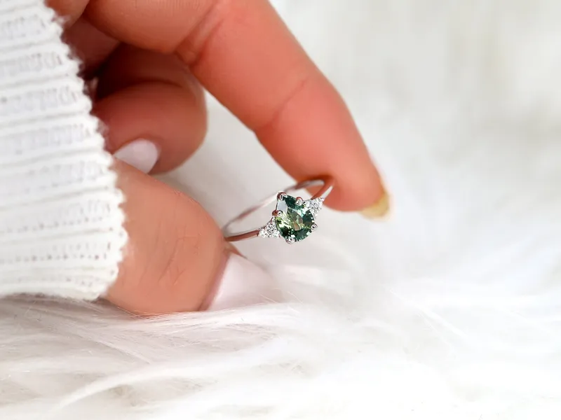 1.19ct Ready to Ship Juliet 14kt White Gold Teal Sapphire Diamond Art Deco Pear Cluster Ring diamond pear cut engagement ring
