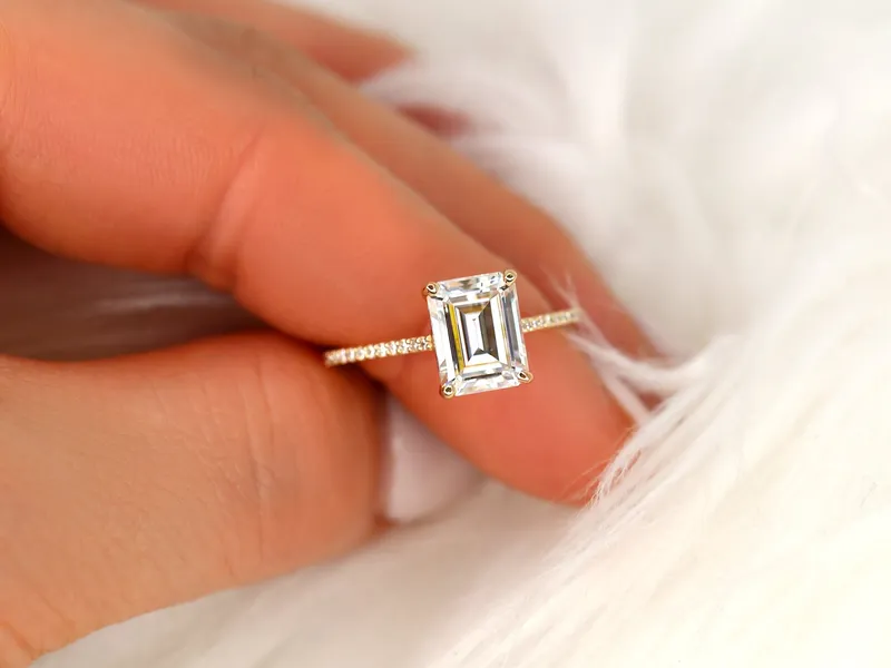2.60ct Beverly 9x7mm 14kt Gold Moissanite Diamond Emerald Cut Solitaire Ring vy 2