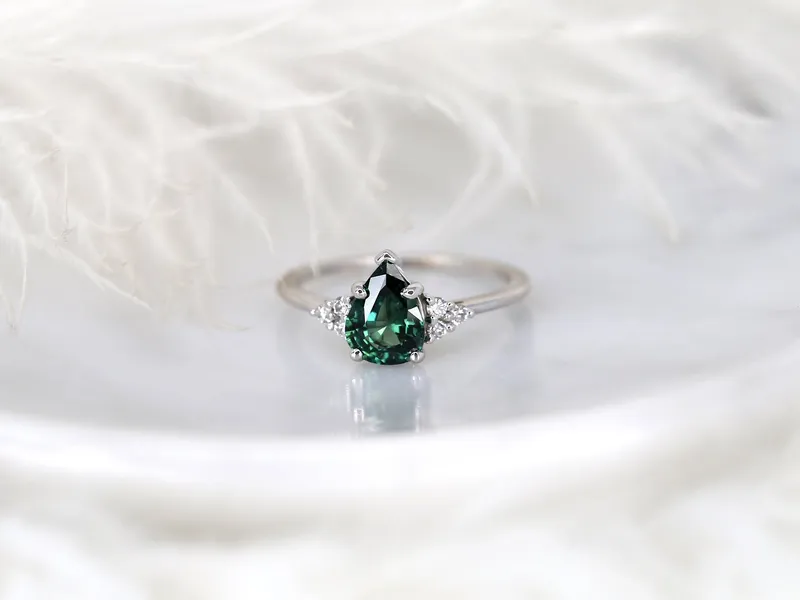 1.46ct Ready to Ship Juliet 14kt White Gold Teal Sapphire Diamond Art Deco Pear Cluster Ring vy 7