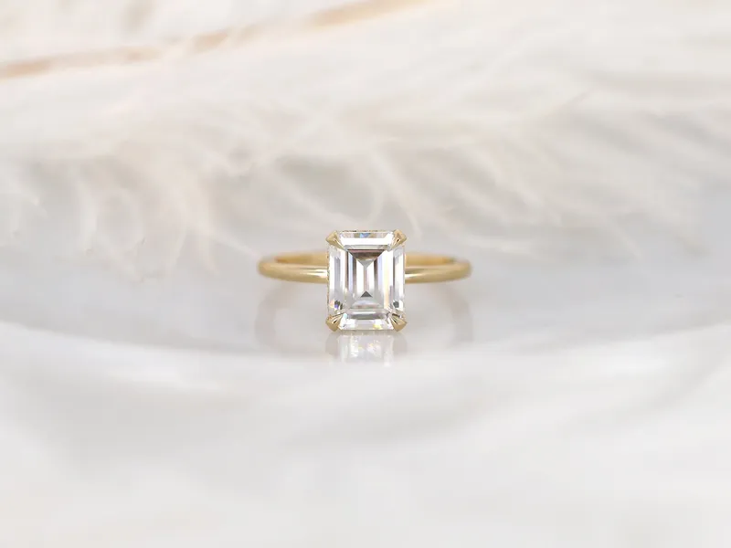 2.60ct LOW Tiana 9x7mm 14kt Gold Moissanite Diamond Emerald Cut Hidden Halo Ring view 7