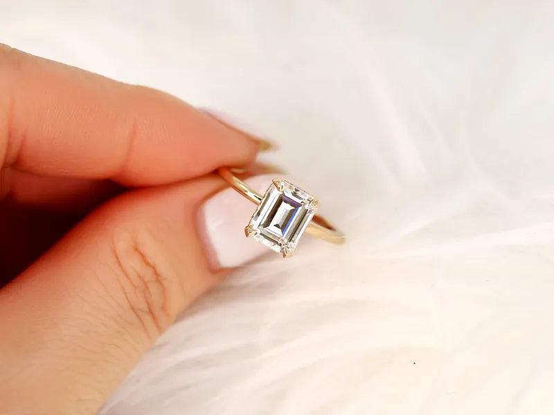 2.60ct LOW Tiana 9x7mm 14kt Gold Moissanite Diamond Emerald Cut Hidden Halo Ring view 3