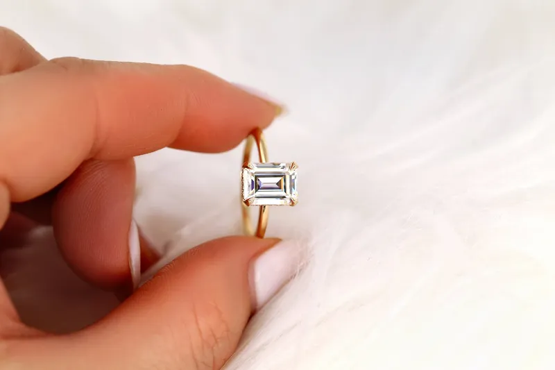 2.60ct LOW Tiana 9x7mm 14kt Gold Moissanite Diamond Emerald Cut Hidden Halo Ring view 6