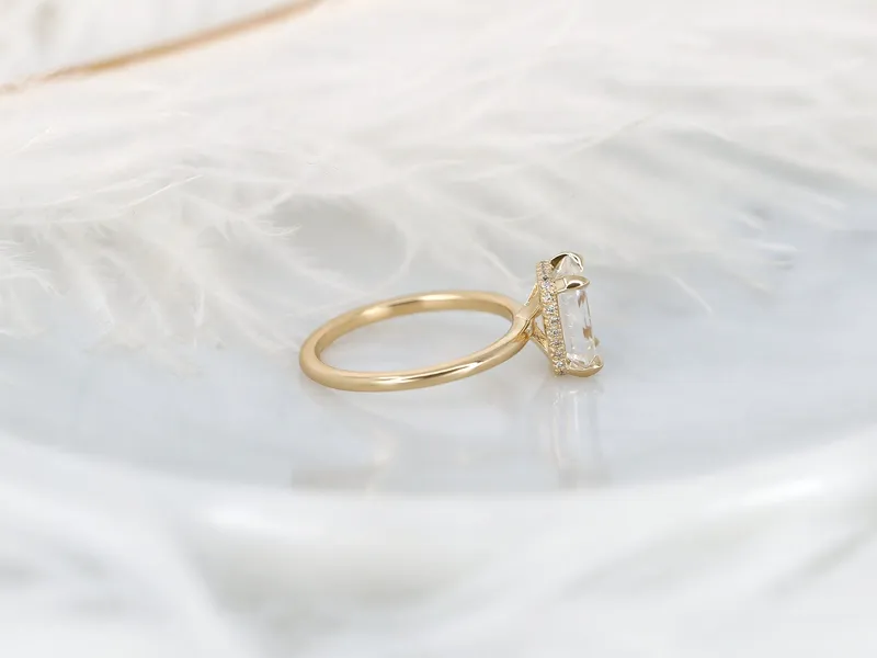 2.60ct LOW Tiana 9x7mm 14kt Gold Moissanite Diamond Emerald Cut Hidden Halo Ring view 8