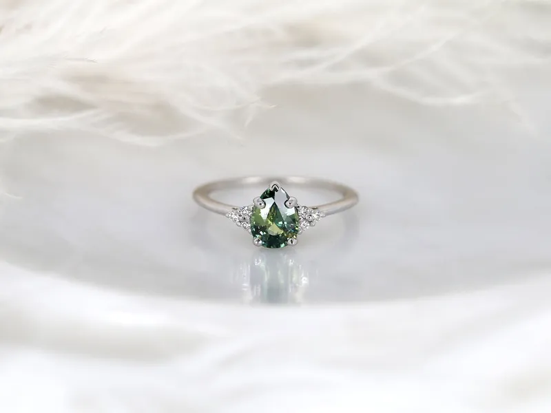 1.19ct Ready to Ship Juliet 14kt White Gold Teal Sapphire Diamond Art Deco Pear Cluster Ring view 6