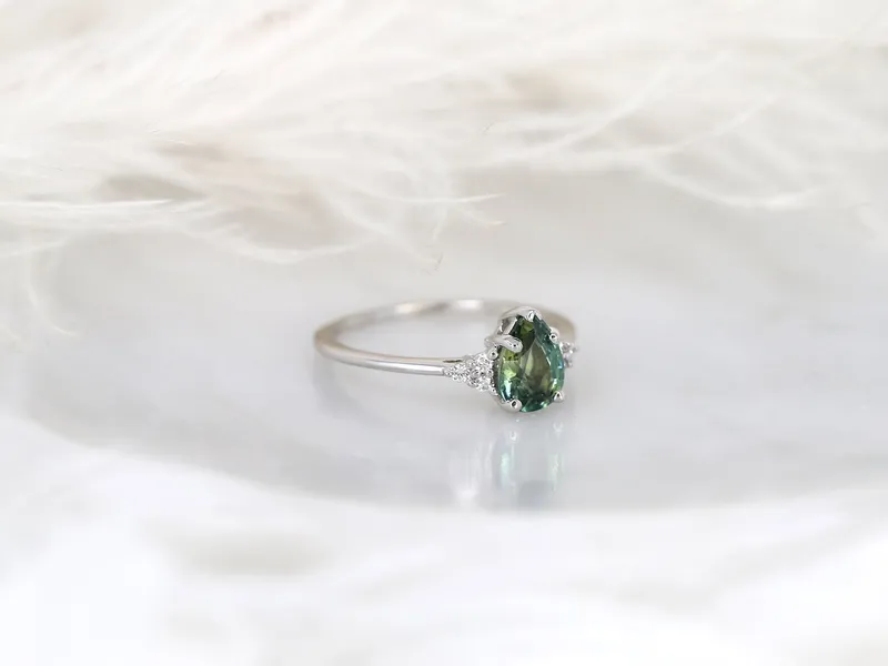 1.19ct Ready to Ship Juliet 14kt White Gold Teal Sapphire Diamond Art Deco Pear Cluster Ring view 7