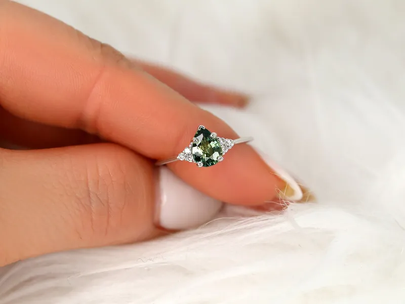 1.19ct Ready to Ship Juliet 14kt White Gold Teal Sapphire Diamond Art Deco Pear Cluster Ring view 4