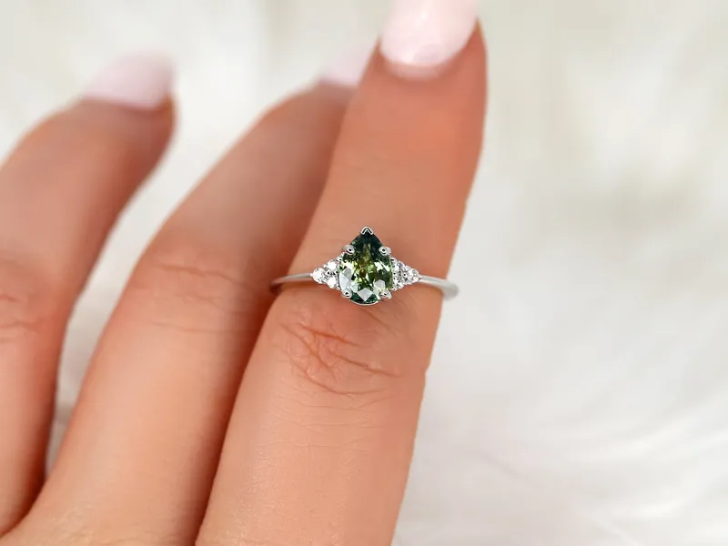1.19ct Ready to Ship Juliet 14kt White Gold Teal Sapphire Diamond Art Deco Pear Cluster Ring view 3