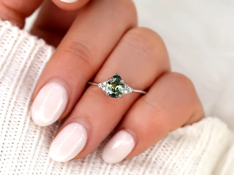1.19ct Ready to Ship Juliet 14kt White Gold Teal Sapphire Diamond Art Deco Pear Cluster Ring view 5